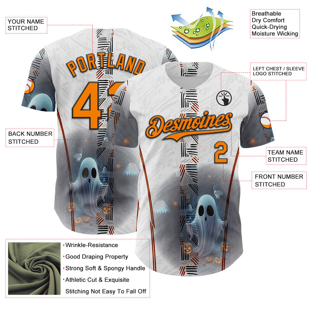 Custom White Bay Orange Gray-Black 3D Halloween Spooky Pumpkin Authentic Baseball Jersey