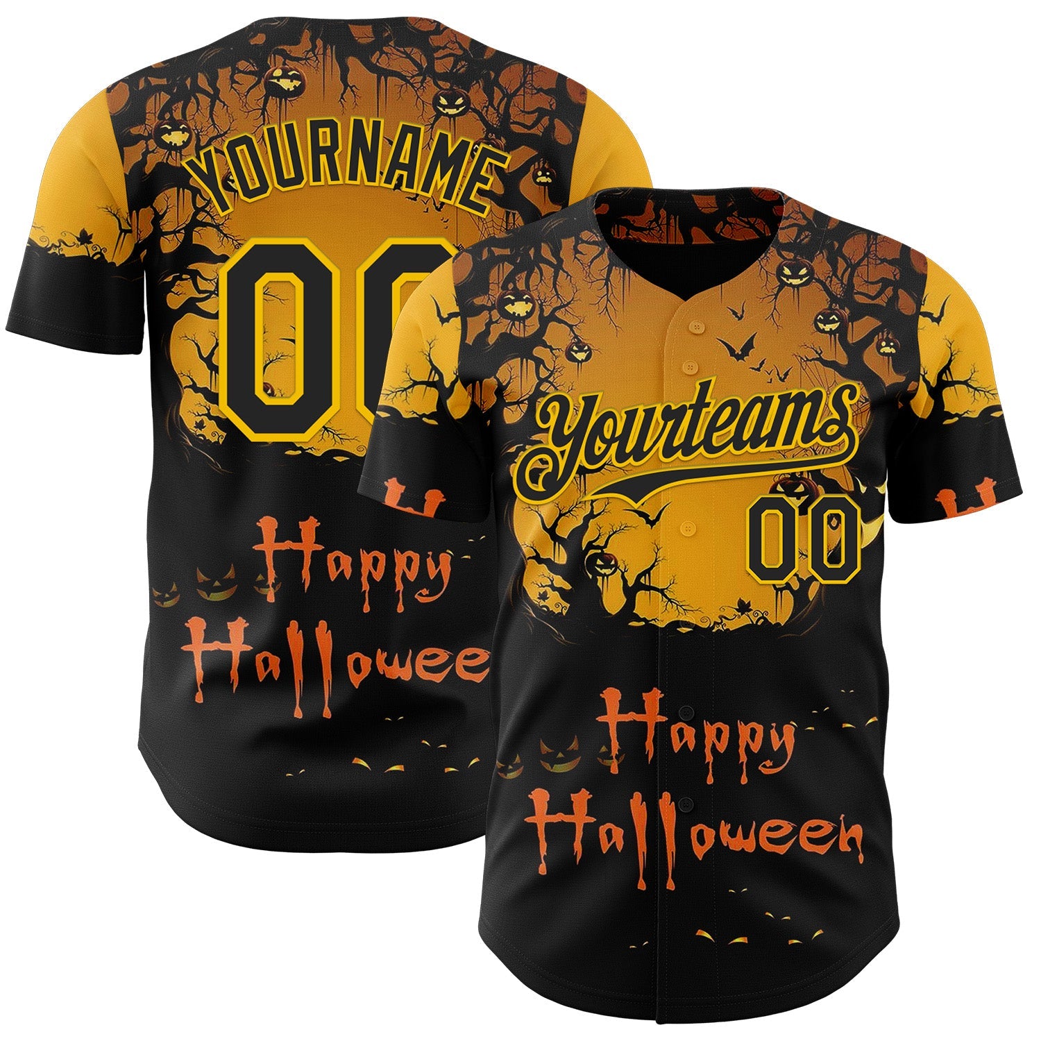 Custom Yellow Black 3D Halloween Spooky Pumpkin Authentic Baseball Jersey