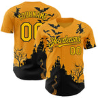 Custom Yellow Black 3D Halloween Spooky Pumpkin Bat Authentic Baseball Jersey