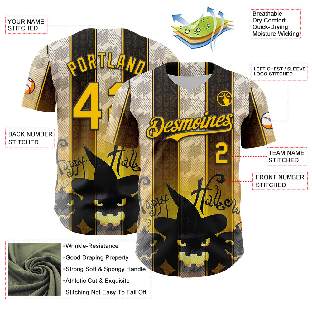 Custom Black Yellow-White 3D Halloween Spooky Pumpkin Stripe Authentic Baseball Jersey
