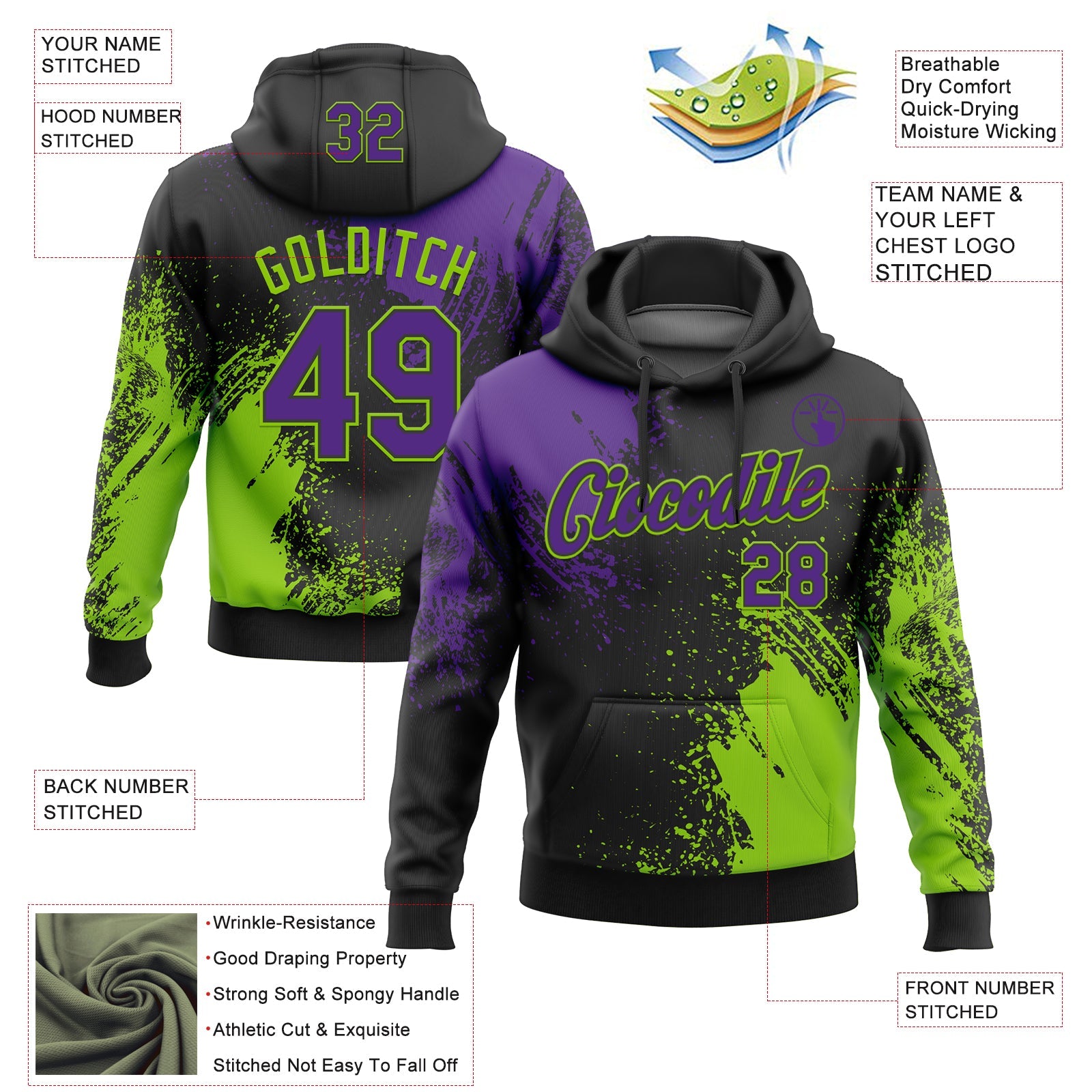 Custom Stitched Black Purple-Neon Green 3D Pattern Design Abstract Brush Stroke Sports Pullover Sweatshirt Hoodie