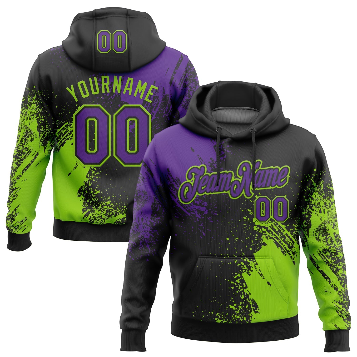 Custom Stitched Black Purple-Neon Green 3D Pattern Design Abstract Brush Stroke Sports Pullover Sweatshirt Hoodie