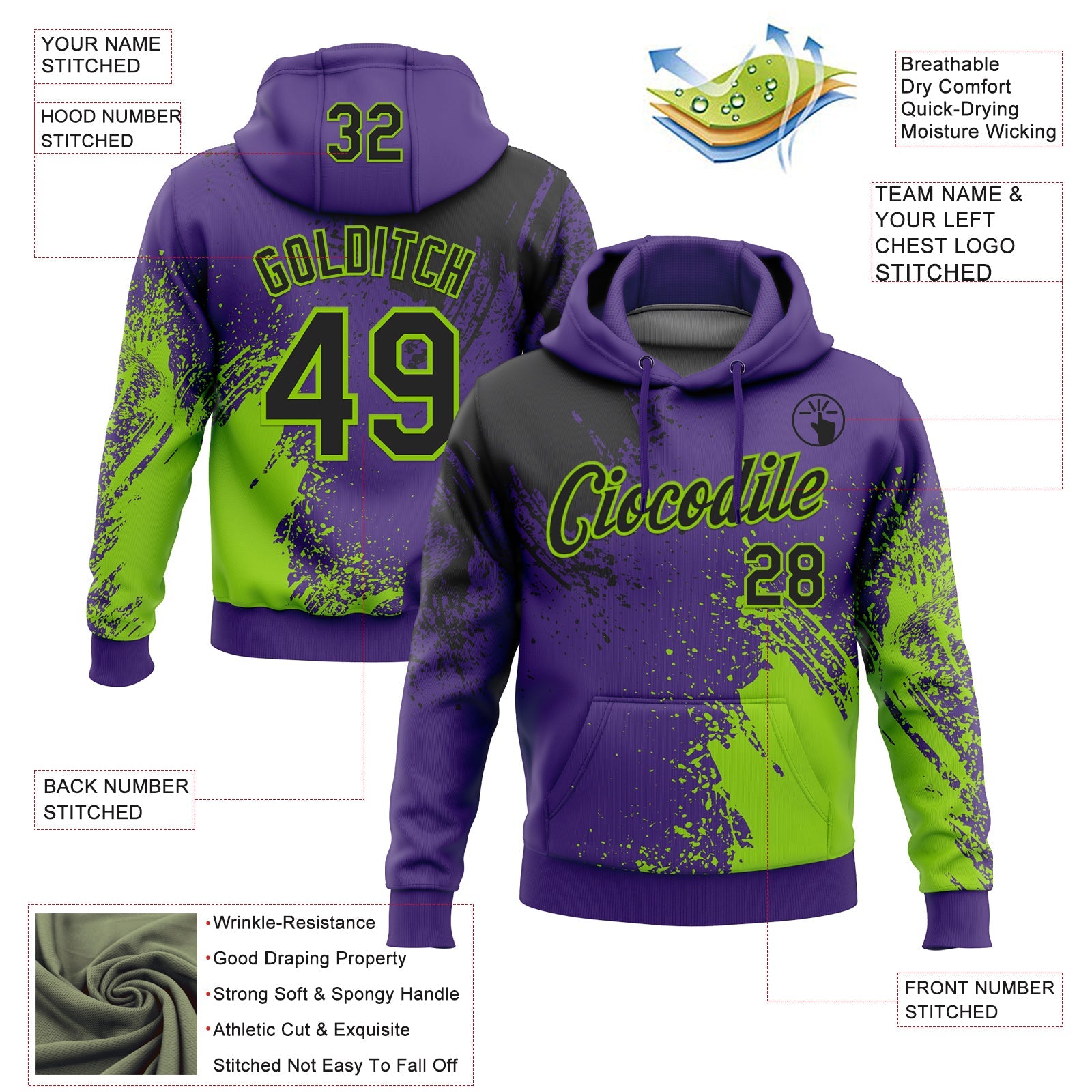 Custom Stitched Purple Black-Neon Green 3D Pattern Design Abstract Brush Stroke Sports Pullover Sweatshirt Hoodie