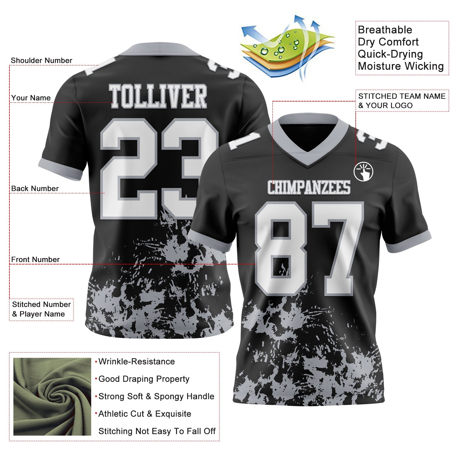 Custom Black White-Gray 3D Pattern Splash Authentic Football Jersey