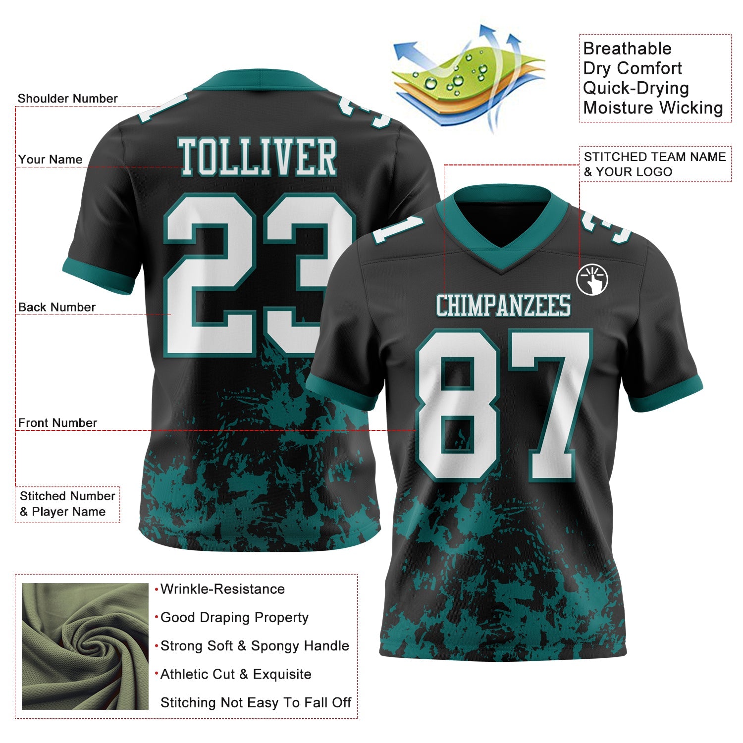 Custom Black White-Teal 3D Pattern Splash Authentic Football Jersey