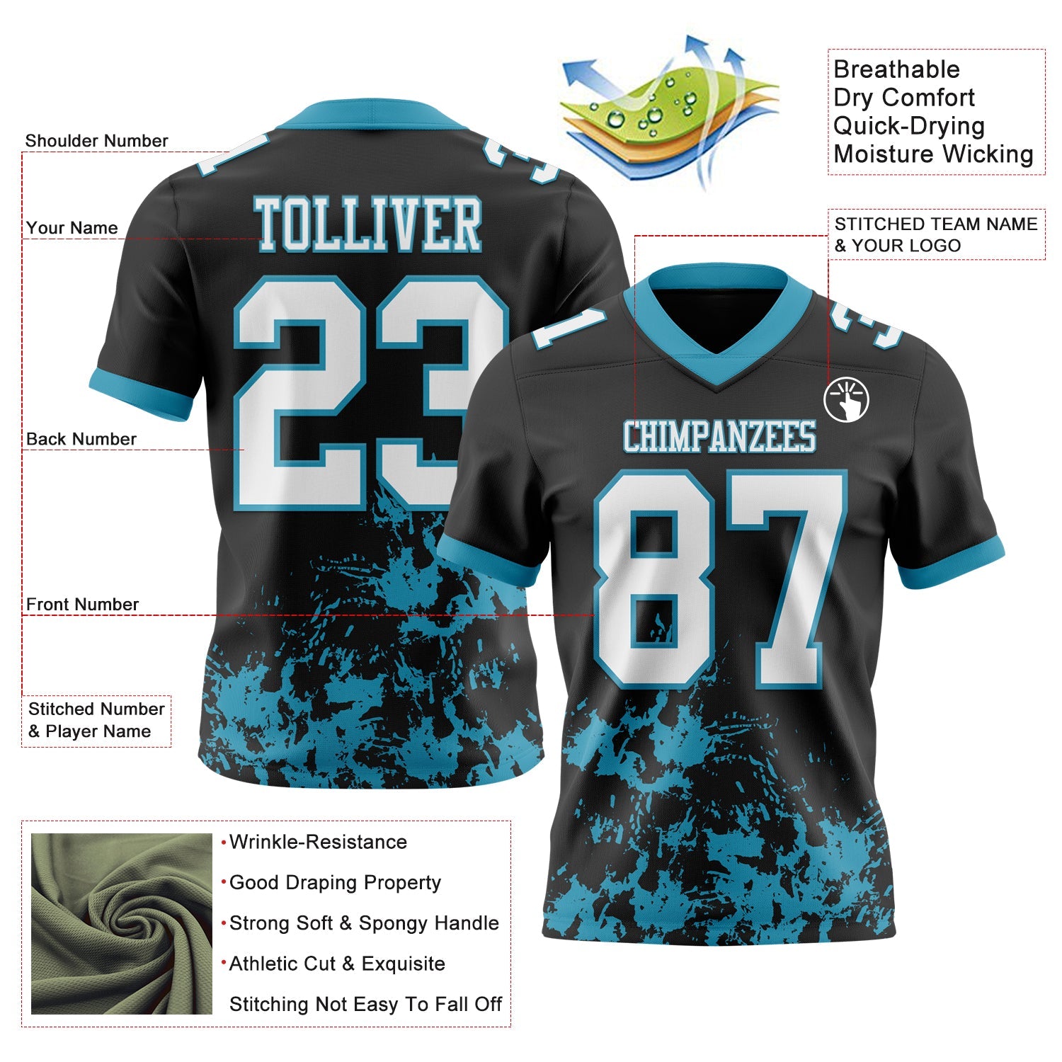 Custom Black White-Panther Blue 3D Pattern Splash Authentic Football Jersey