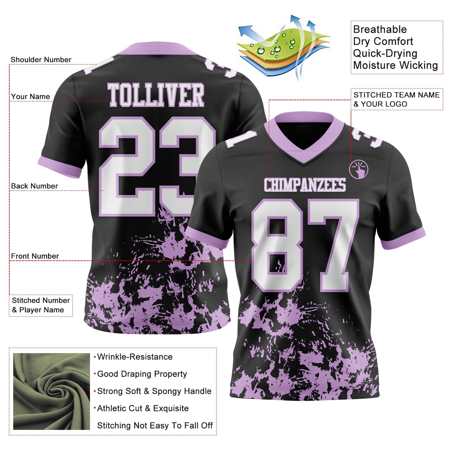 Custom Black White-Light Purple 3D Pattern Splash Authentic Football Jersey