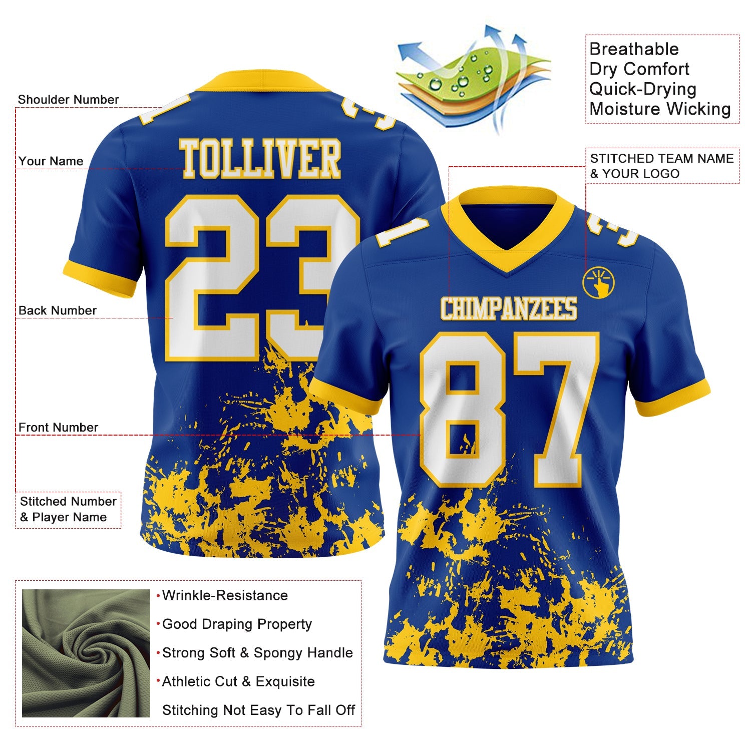Custom Royal White-Yellow 3D Pattern Splash Authentic Football Jersey