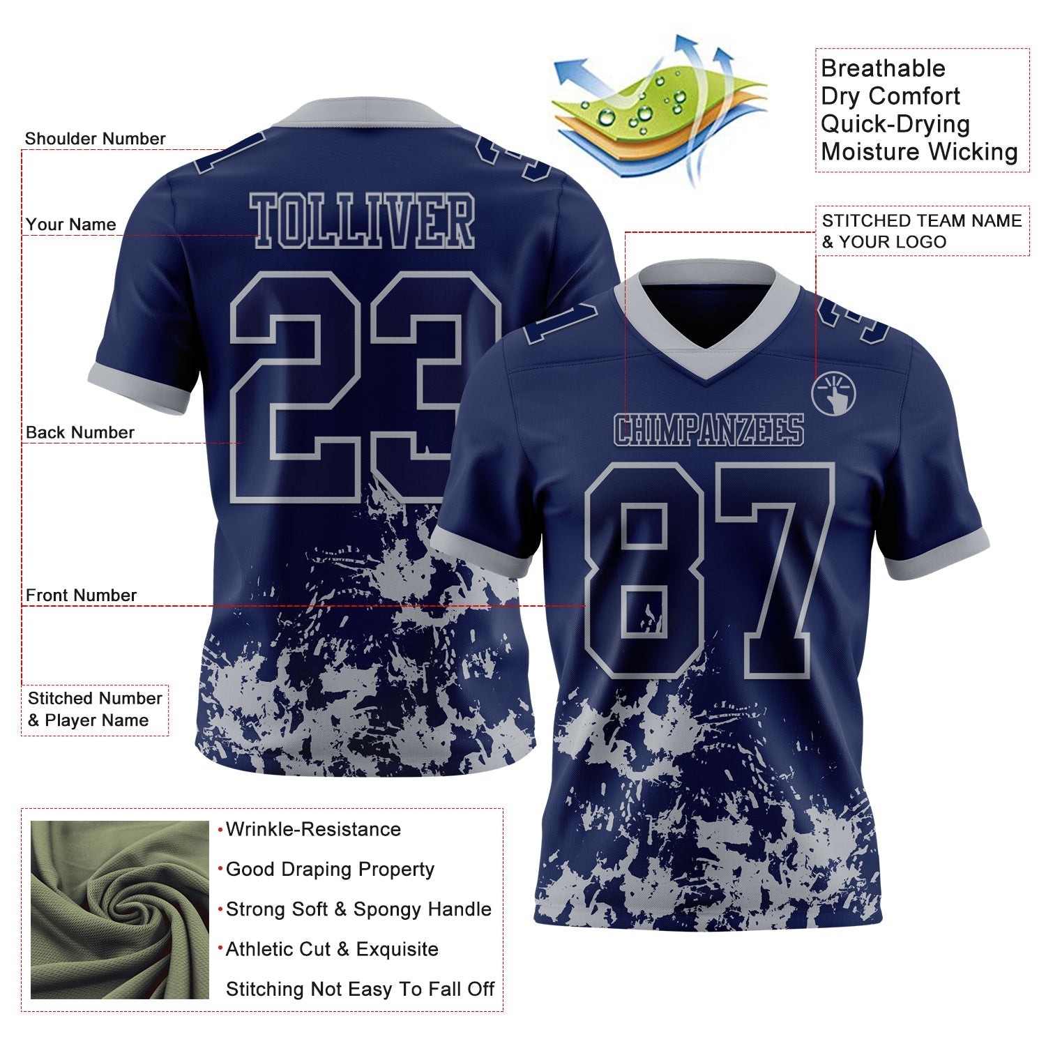 Custom Navy Gray 3D Pattern Splash Authentic Football Jersey