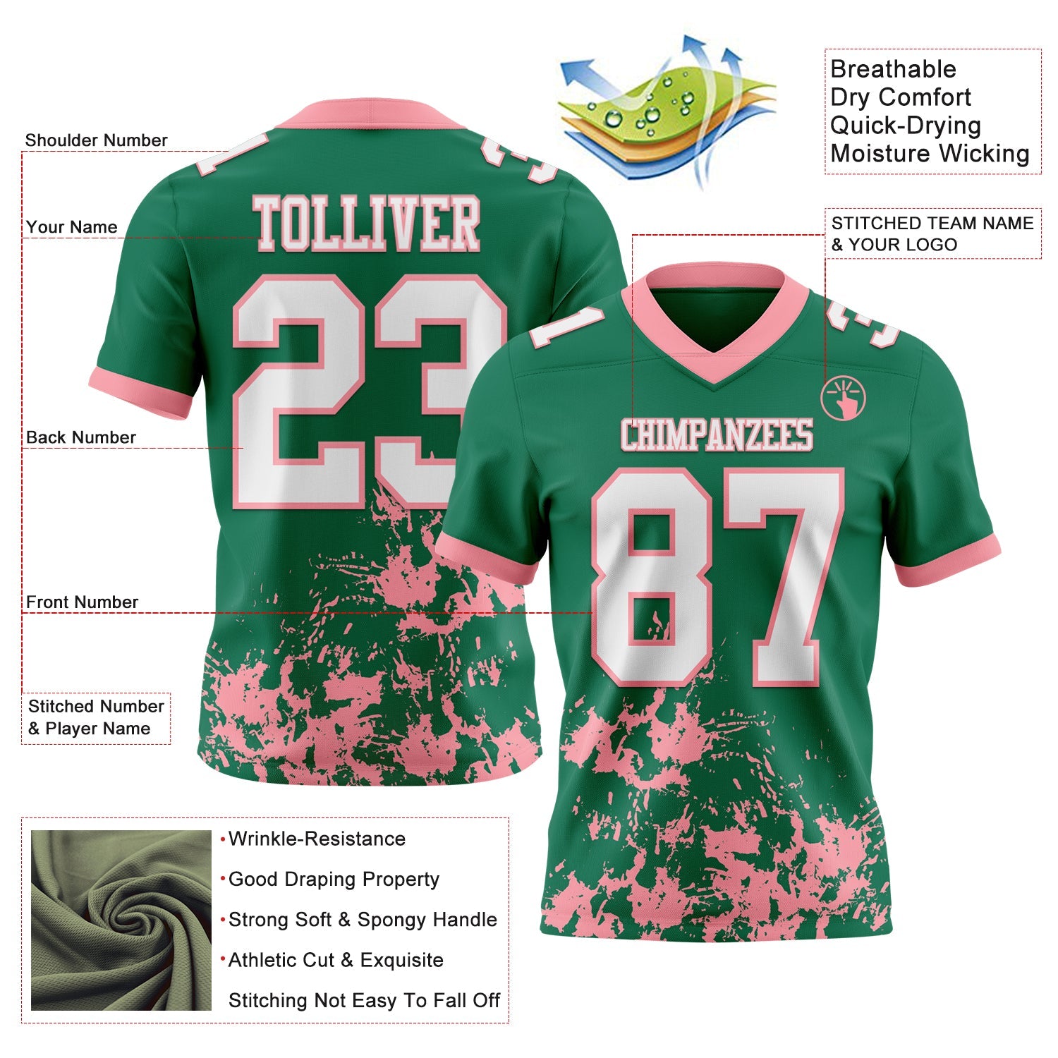 Custom Kelly Green White-Medium Pink 3D Pattern Splash Authentic Football Jersey
