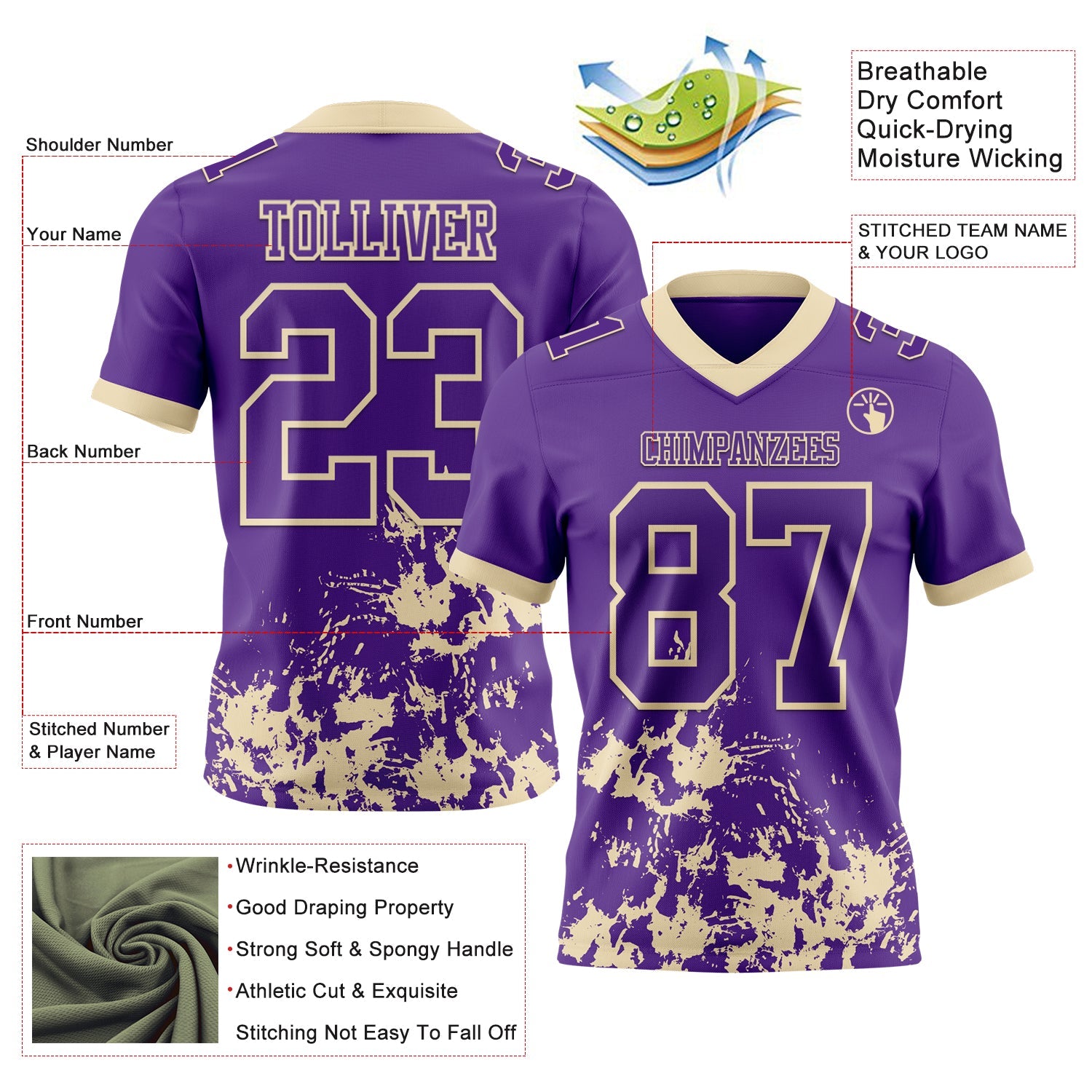 Custom Purple White-Cream 3D Pattern Splash Authentic Football Jersey