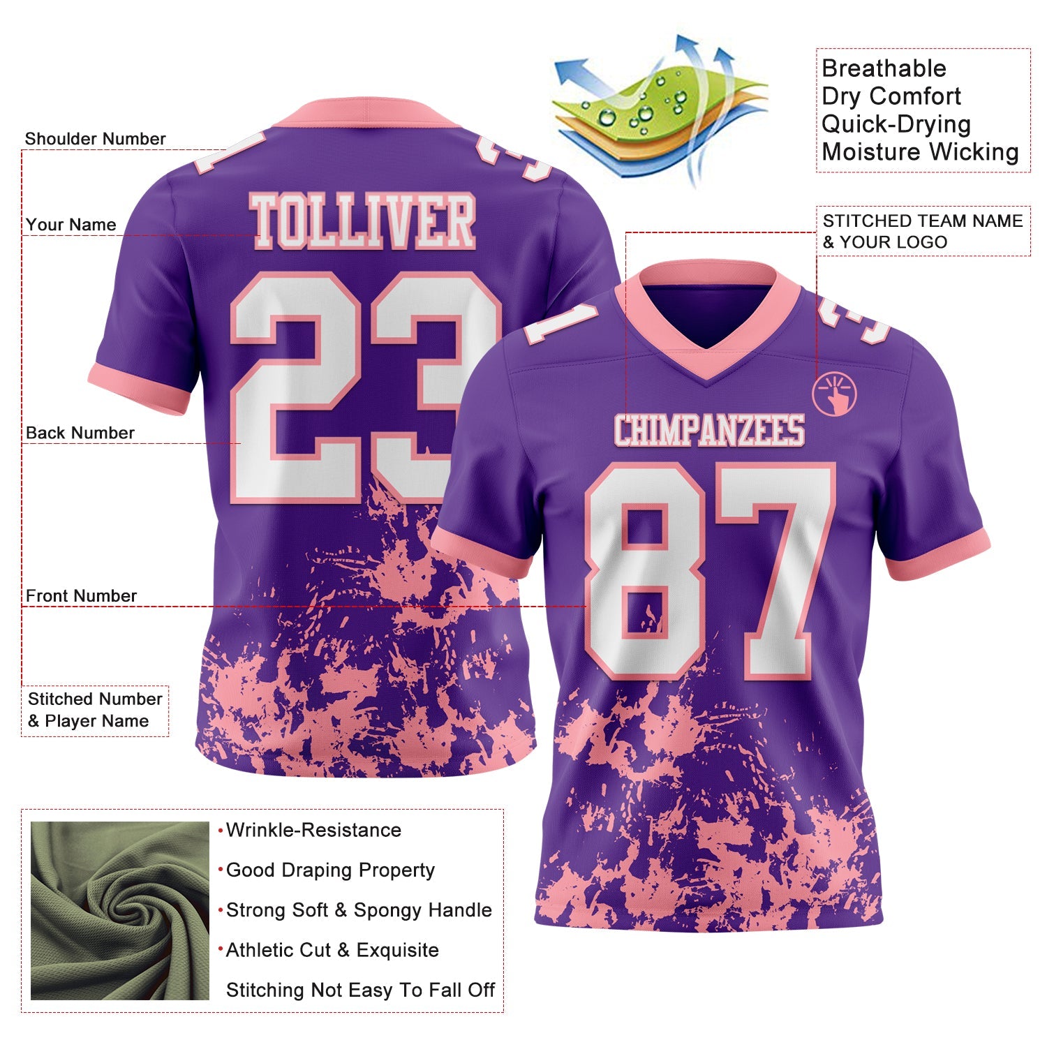 Custom Purple White-Medium Pink 3D Pattern Splash Authentic Football Jersey