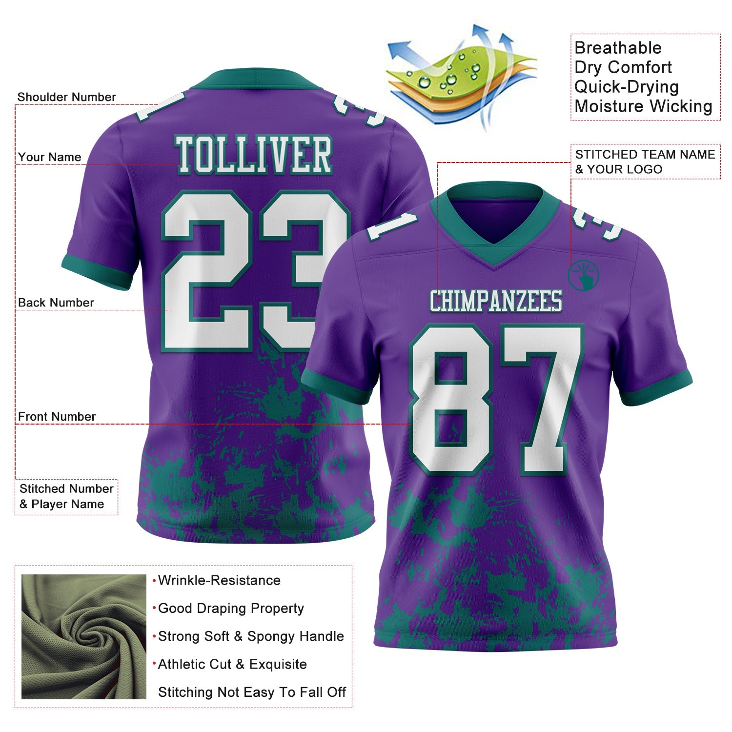Custom Purple White-Teal 3D Pattern Splash Authentic Football Jersey
