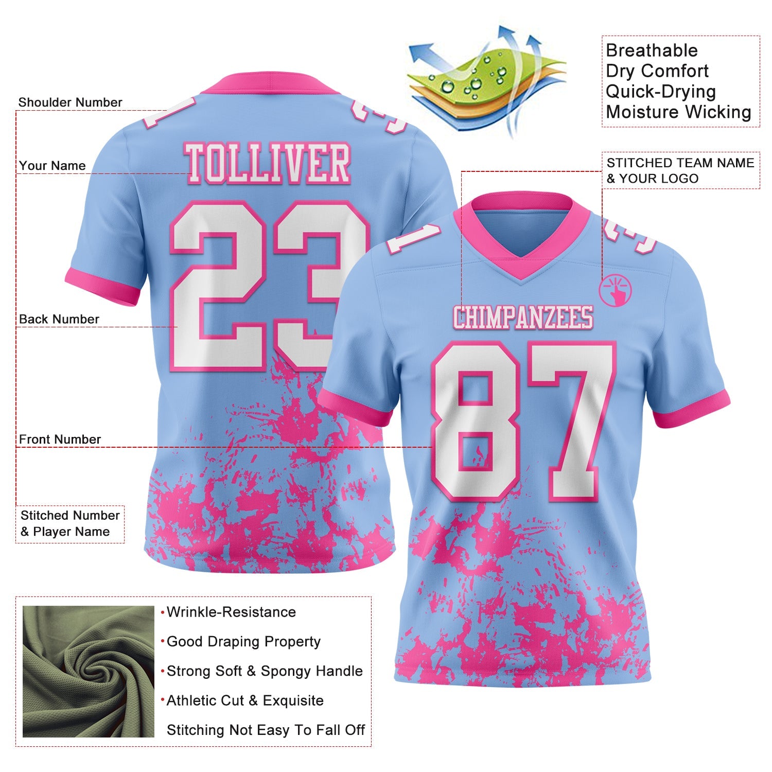 Custom Light Blue White-Pink 3D Pattern Splash Authentic Football Jersey