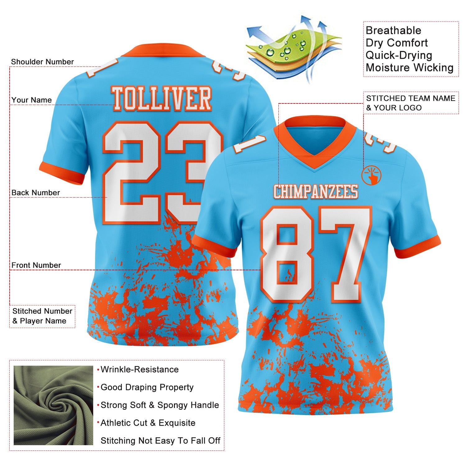 Custom Sky Blue White-Orange 3D Pattern Splash Authentic Football Jersey