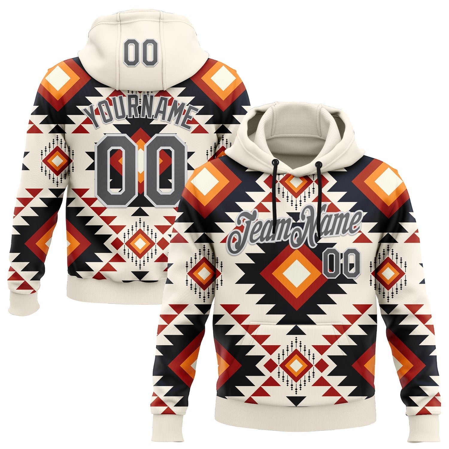 Custom Stitched Cream Steel Gray-White 3D Pattern Design Tribal Ethnic Native American Sports Pullover Sweatshirt Hoodie