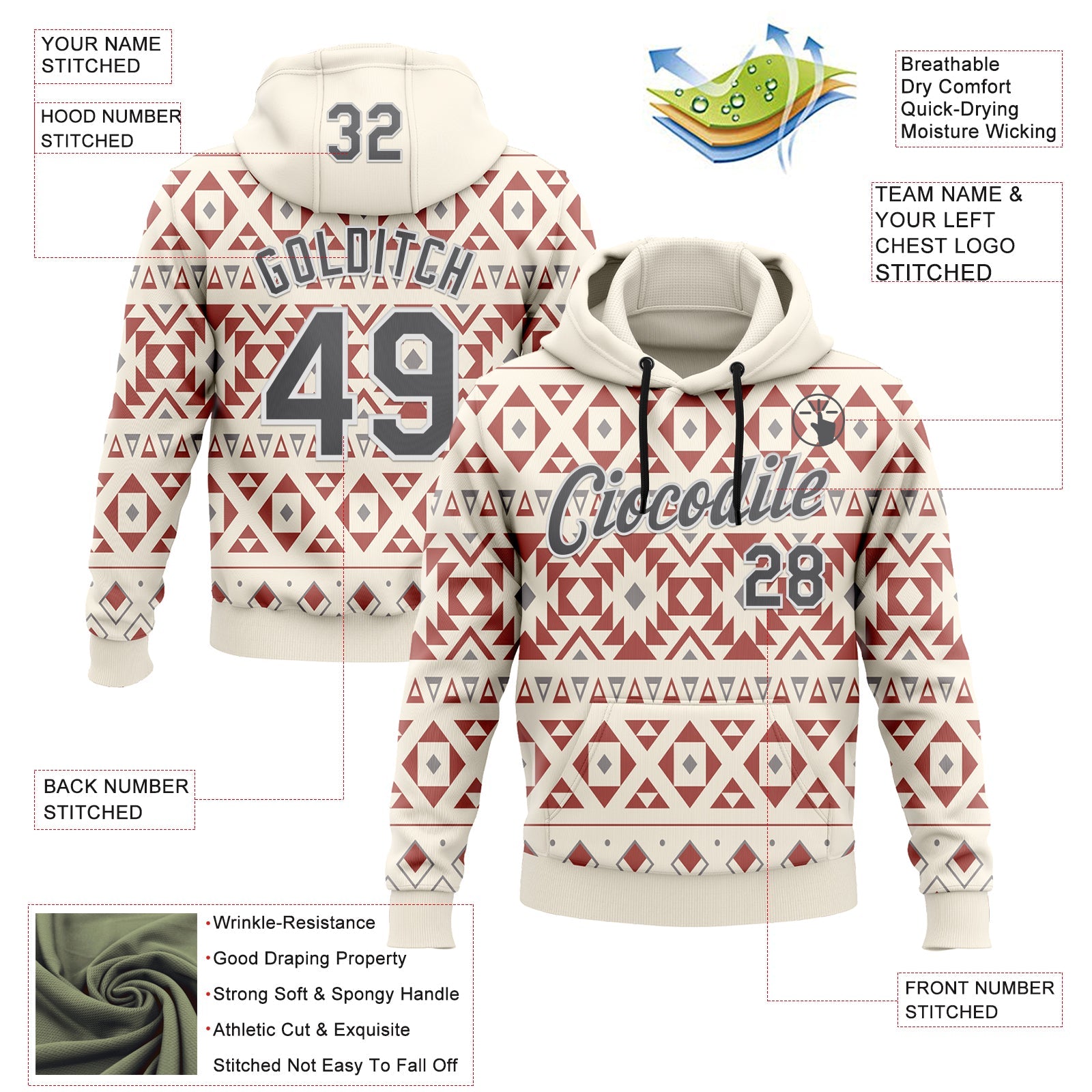 Custom Stitched Cream Steel Gray-White 3D Pattern Design Tribal Ethnic Native American Sports Pullover Sweatshirt Hoodie