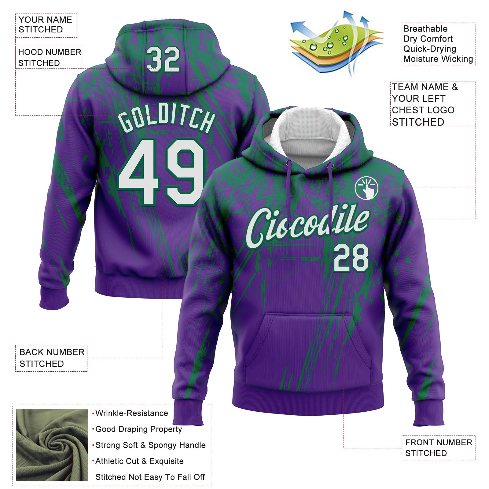 Custom Stitched Purple White-Kelly Green 3D Pattern Design Splash Grunge Art Sports Pullover Sweatshirt Hoodie