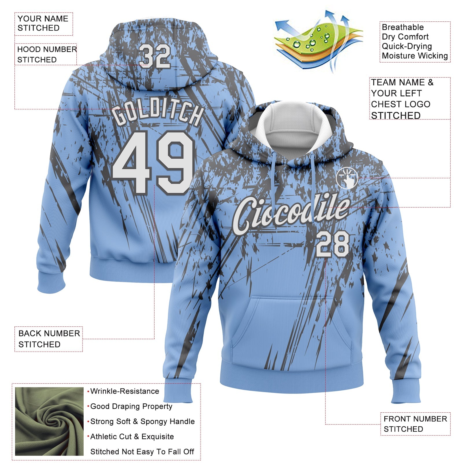 Custom Stitched Light Blue White-Steel Gray 3D Pattern Design Splash Grunge Art Sports Pullover Sweatshirt Hoodie