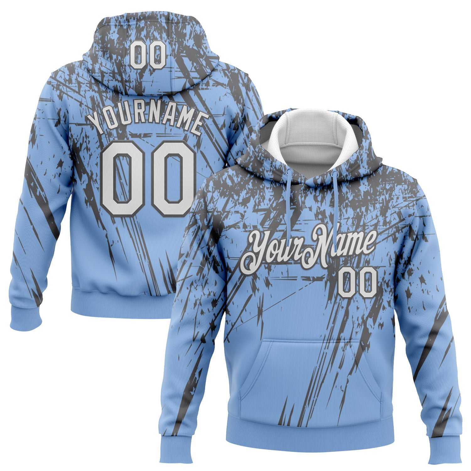 Custom Stitched Light Blue White-Steel Gray 3D Pattern Design Splash Grunge Art Sports Pullover Sweatshirt Hoodie