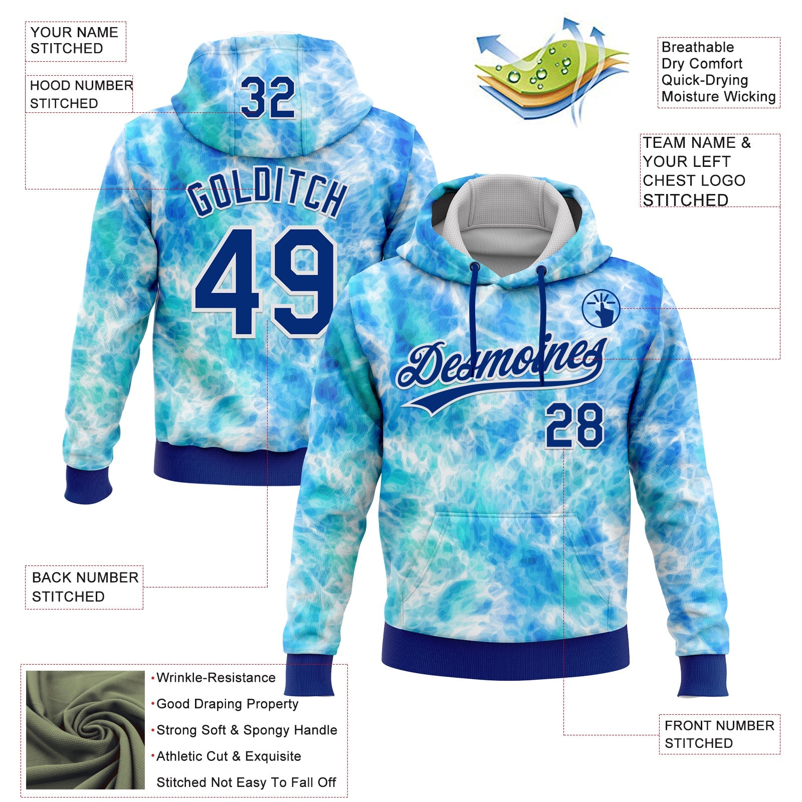 Custom Stitched Tie Dye Royal-White 3D Sports Pullover Sweatshirt Hoodie