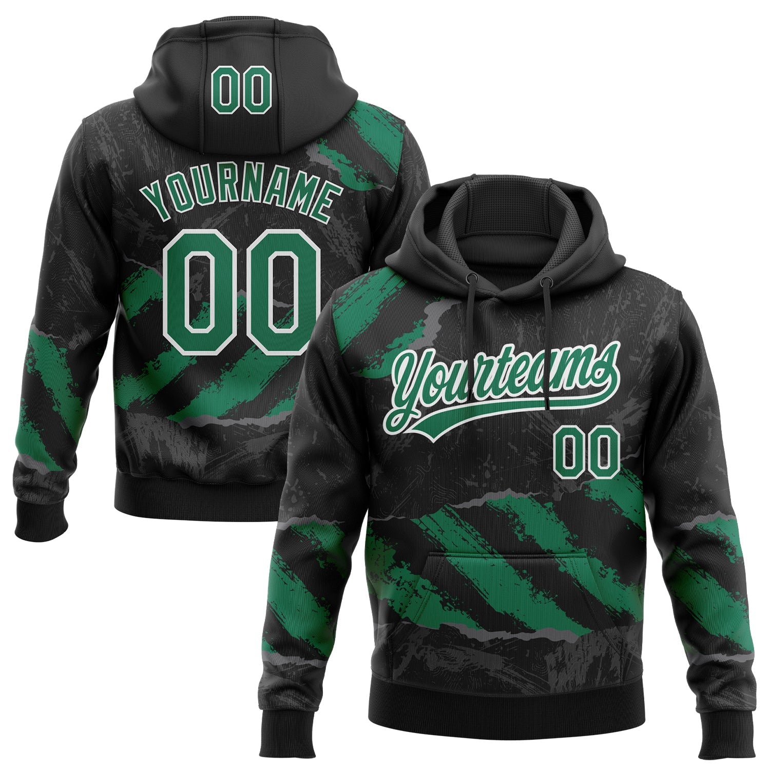 Custom Stitched Black Kelly Green Steel Gray-White 3D Pattern Design Splash Sports Pullover Sweatshirt Hoodie