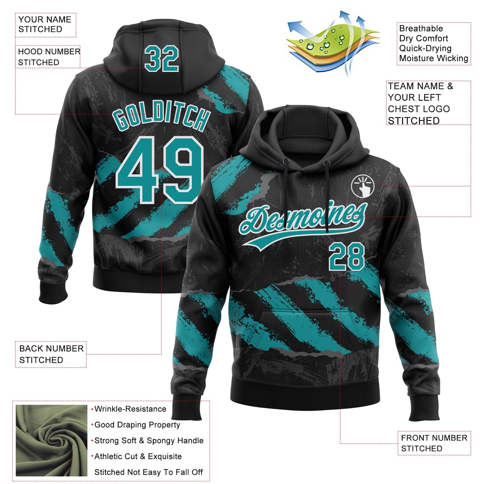 Custom Stitched Black Teal Steel Gray-White 3D Pattern Design Splash Sports Pullover Sweatshirt Hoodie