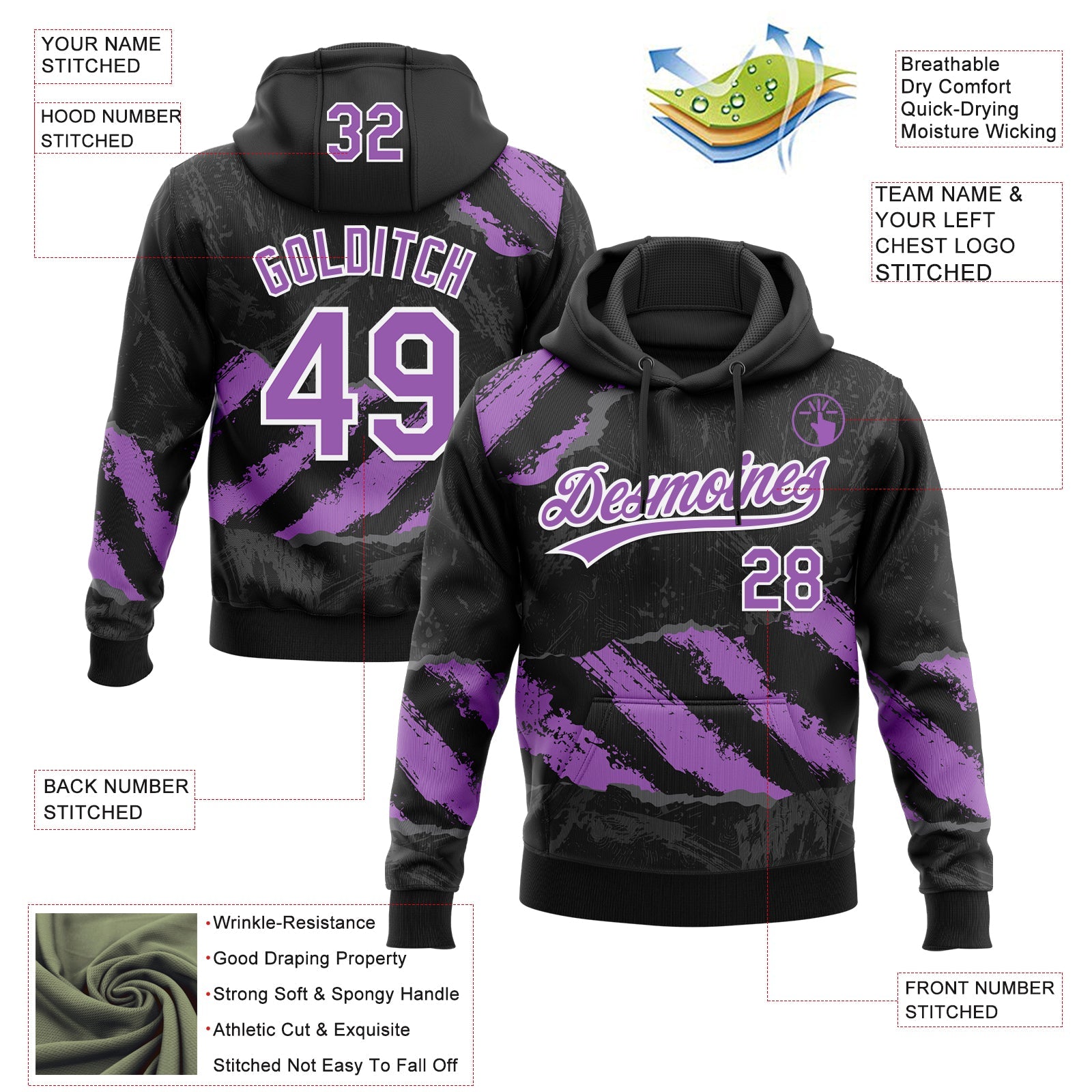 Custom Stitched Black Medium Purple Steel Gray-White 3D Pattern Design Splash Sports Pullover Sweatshirt Hoodie