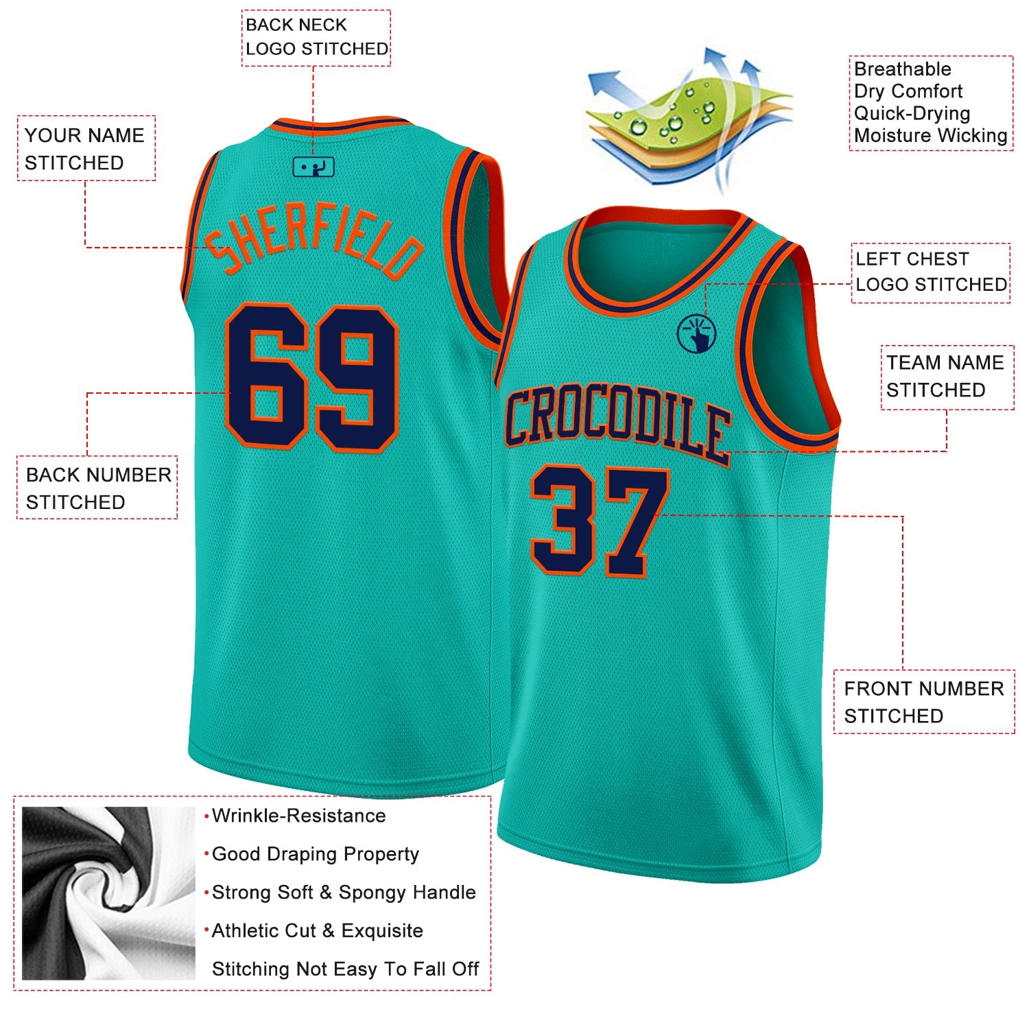 Custom Aqua Navy-Orange Authentic Basketball Jersey