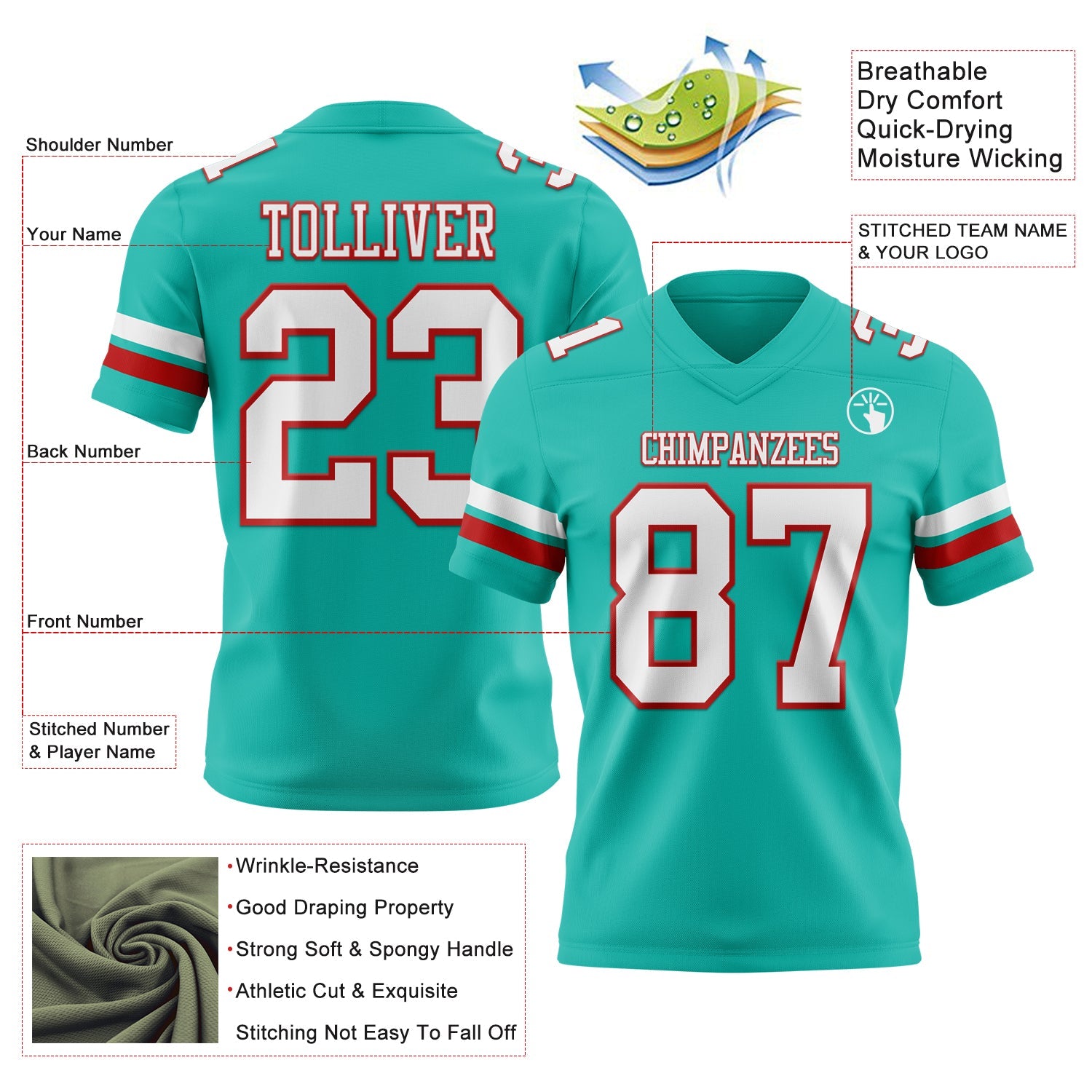 Custom Aqua White-Red Authentic Football Jersey