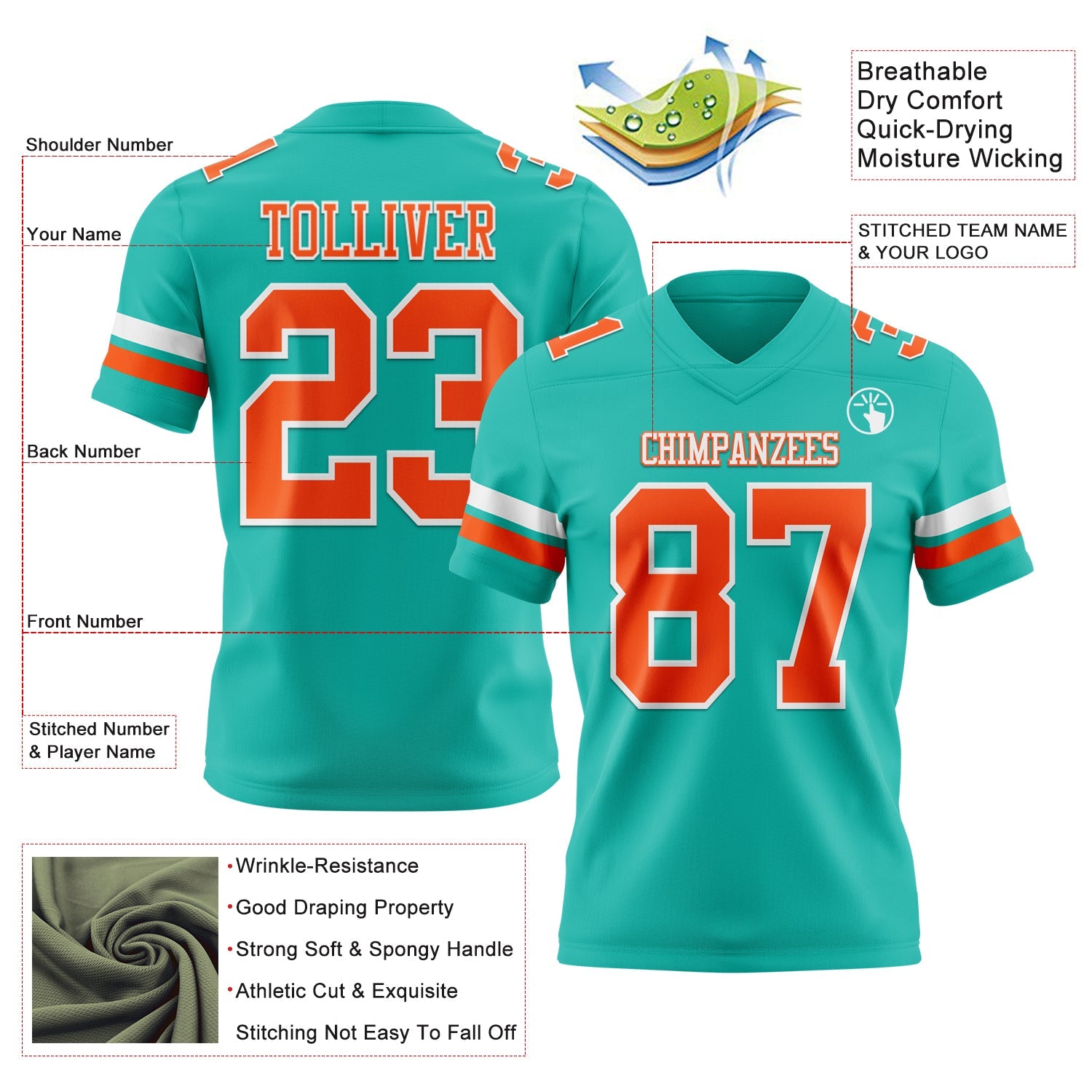 Custom Aqua Orange-White Authentic Football Jersey