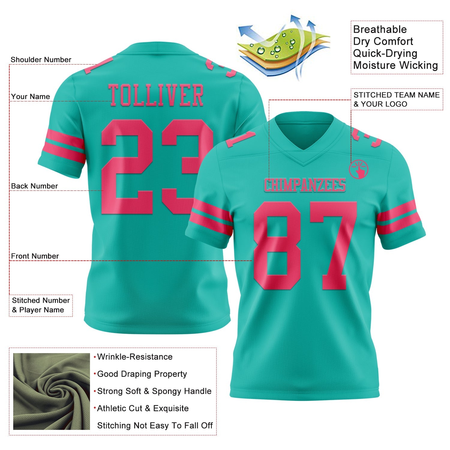 Custom Aqua Neon Pink Authentic Football Jersey