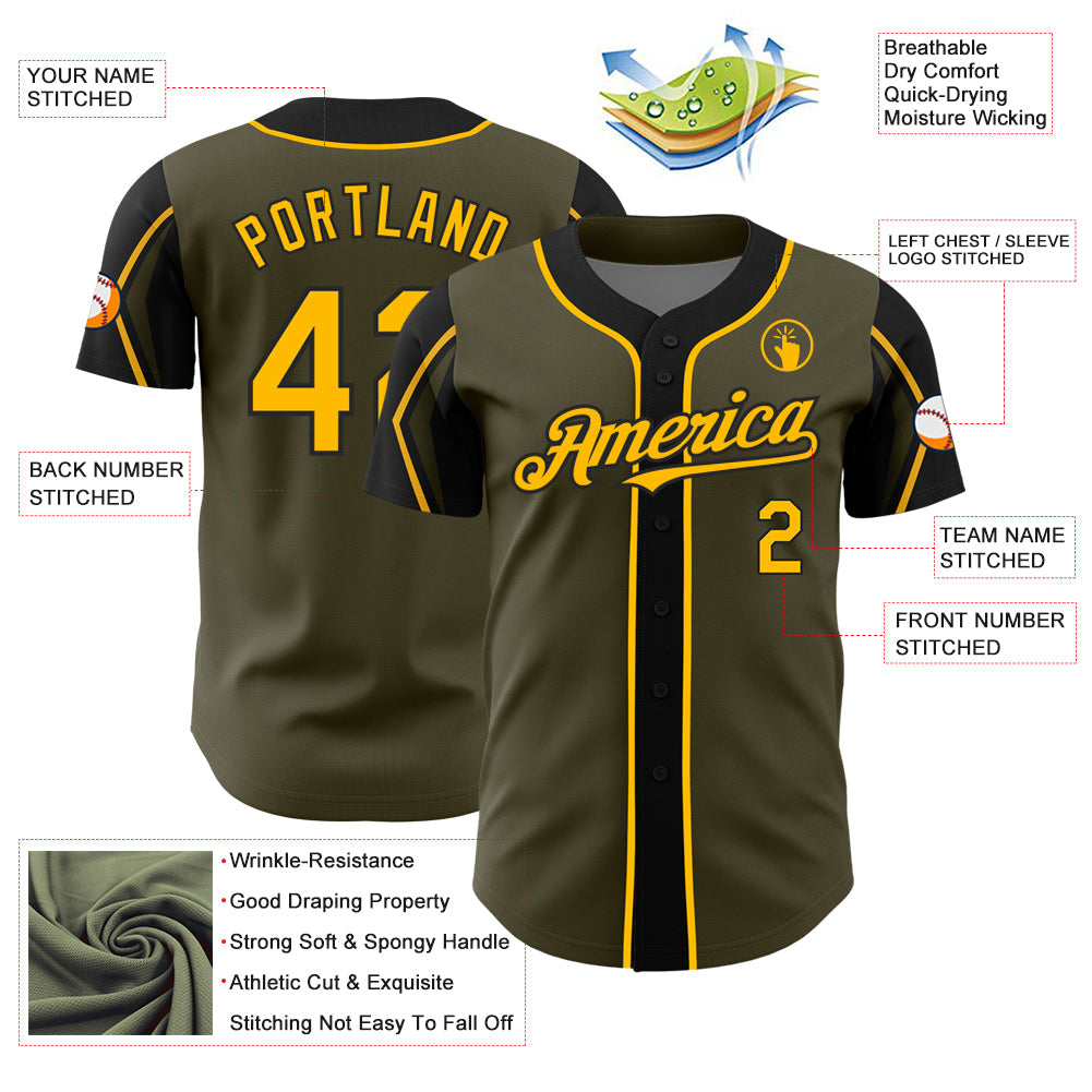 Custom Olive Gold-Black 3 Colors Arm Shapes Authentic Salute To Service Baseball Jersey