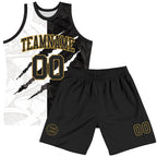 Custom Graffiti Pattern Black Old Gold-White Scratch Round Neck Sublimation Basketball Suit Jersey