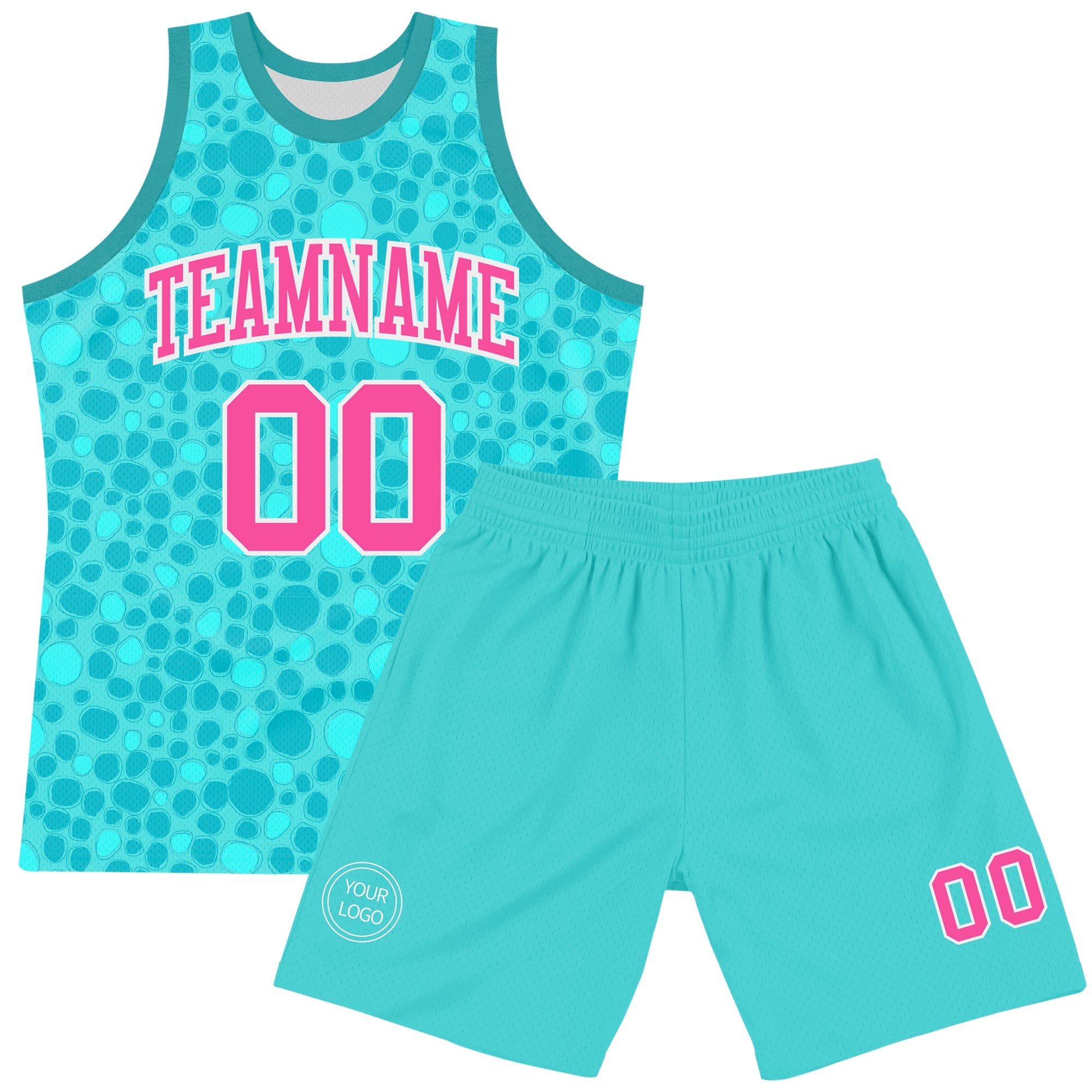 Custom Aqua Pink-White Leopard Print Round Neck Sublimation Basketball Suit Jersey