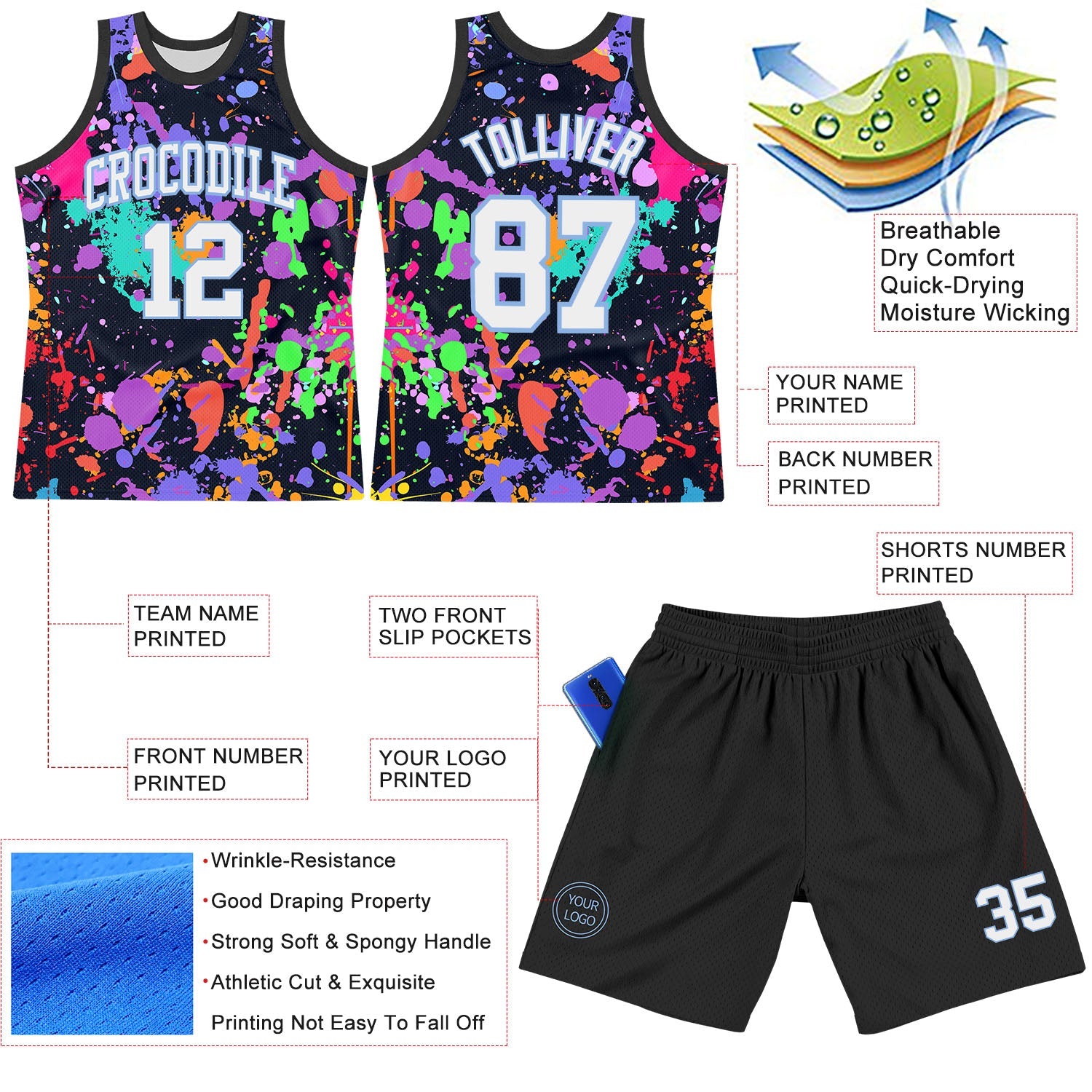 Custom Graffiti Pattern White Light Blue-Black Splash Round Neck Sublimation Basketball Suit Jersey