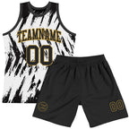Custom White Black-Old Gold Abstract Sharp Shape Fragment Art Round Neck Sublimation Basketball Suit Jersey