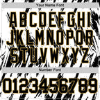 Custom White Black-Old Gold Abstract Sharp Shape Fragment Art Round Neck Sublimation Basketball Suit Jersey