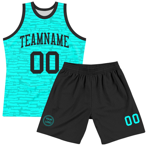Custom Aqua Black Fragment Art Round Neck Sublimation Basketball Suit Jersey