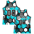 Custom Aqua Black-White Geometric Shape Round Neck Sublimation Basketball Suit Jersey