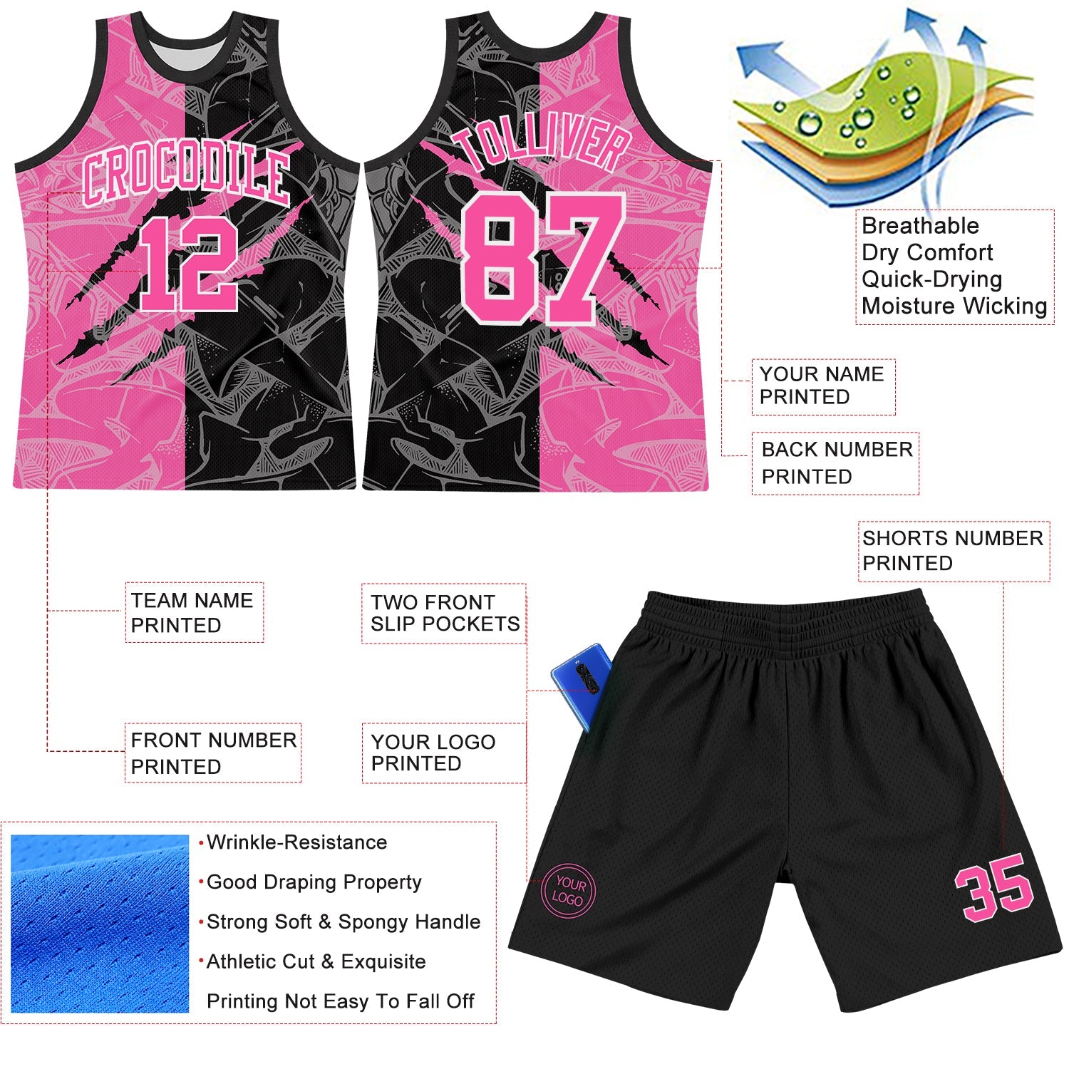 Custom Graffiti Pattern Pink Black-White Scratch Round Neck Sublimation Basketball Suit Jersey