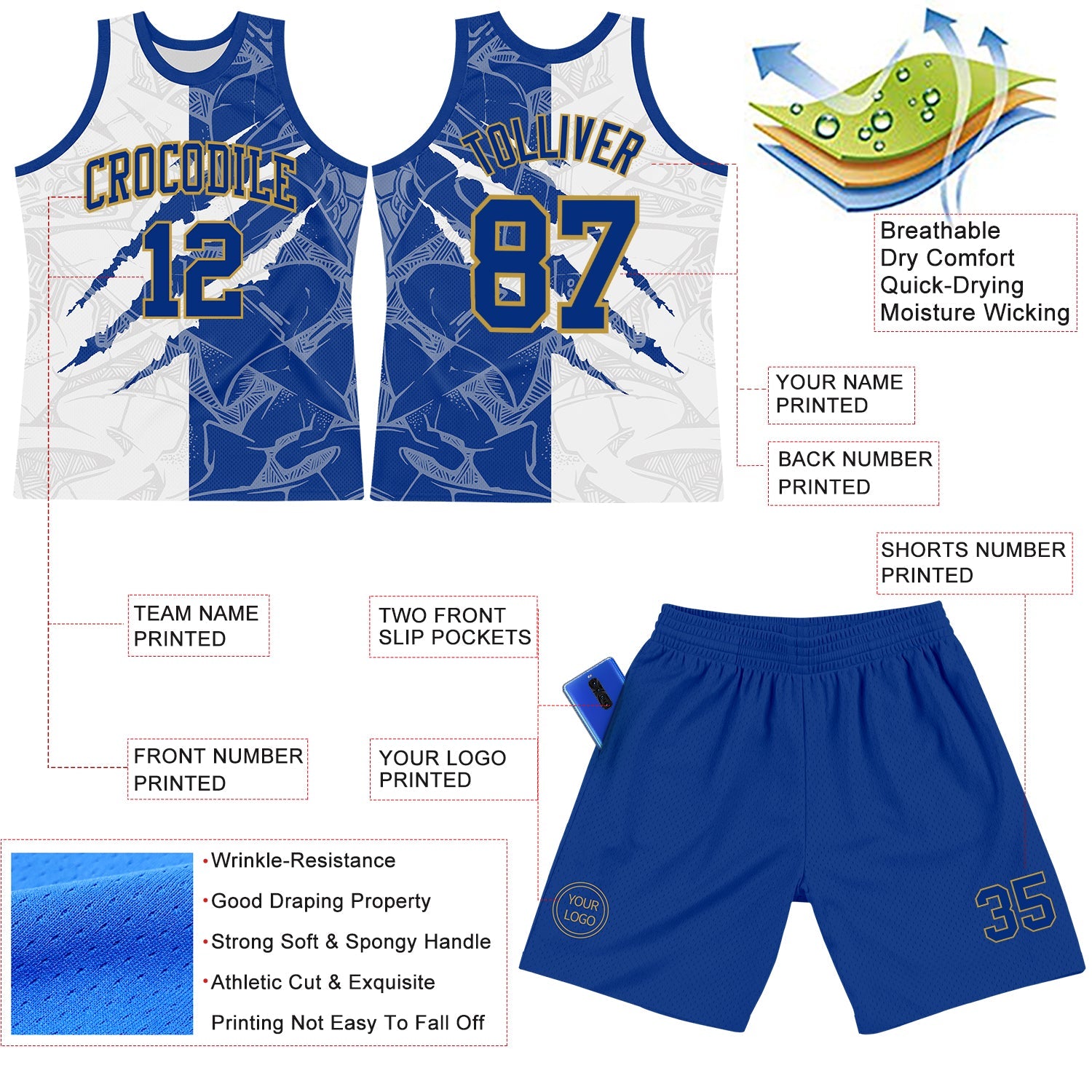Custom Graffiti Pattern Royal White-Old Gold Scratch Round Neck Sublimation Basketball Suit Jersey