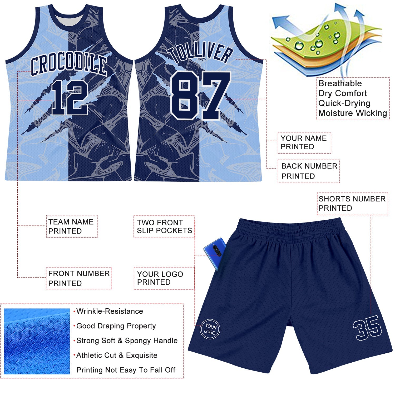 Custom Graffiti Pattern Navy Light Blue-White Scratch Round Neck Sublimation Basketball Suit Jersey