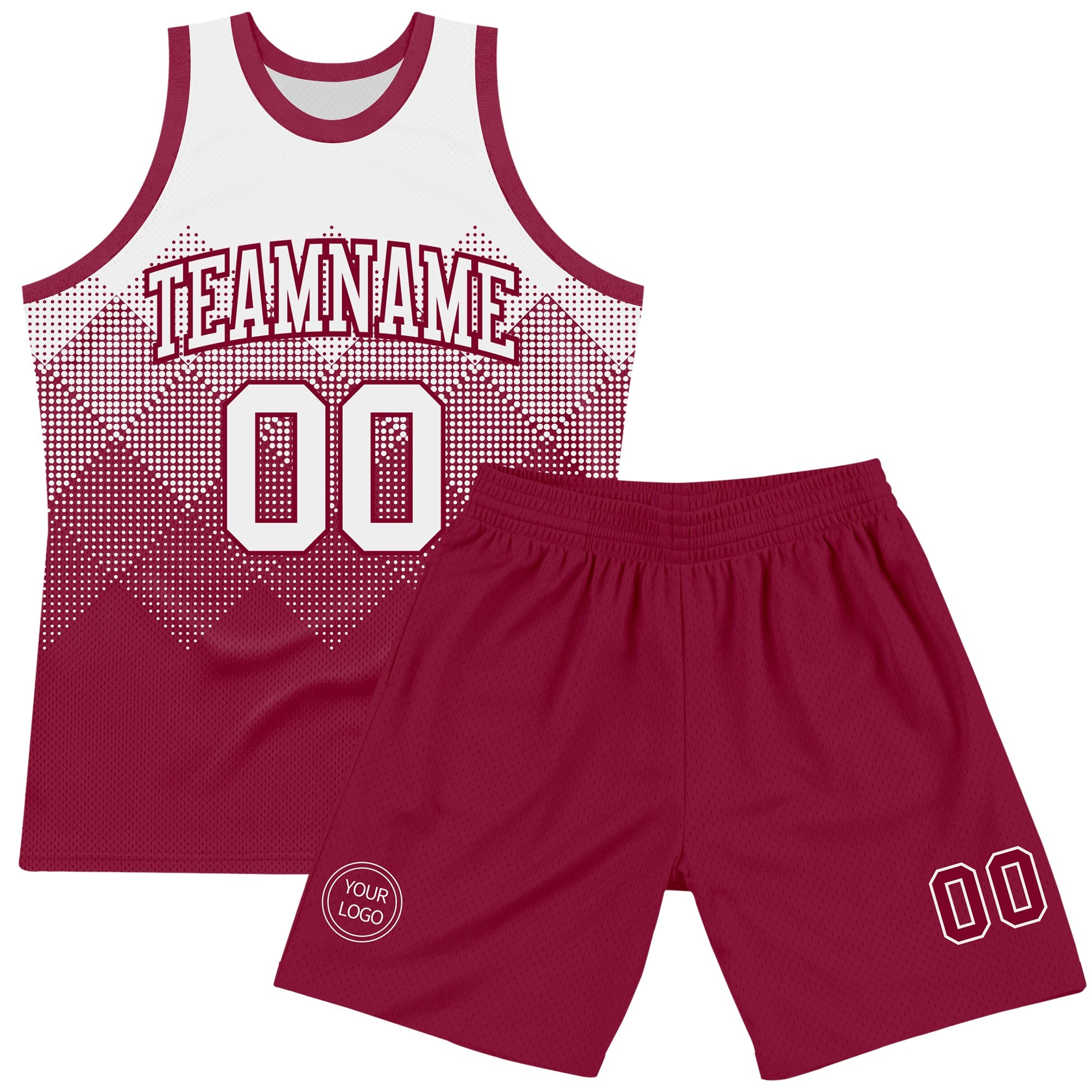 Custom White Maroon Gradient Square Shapes Round Neck Sublimation Basketball Suit Jersey