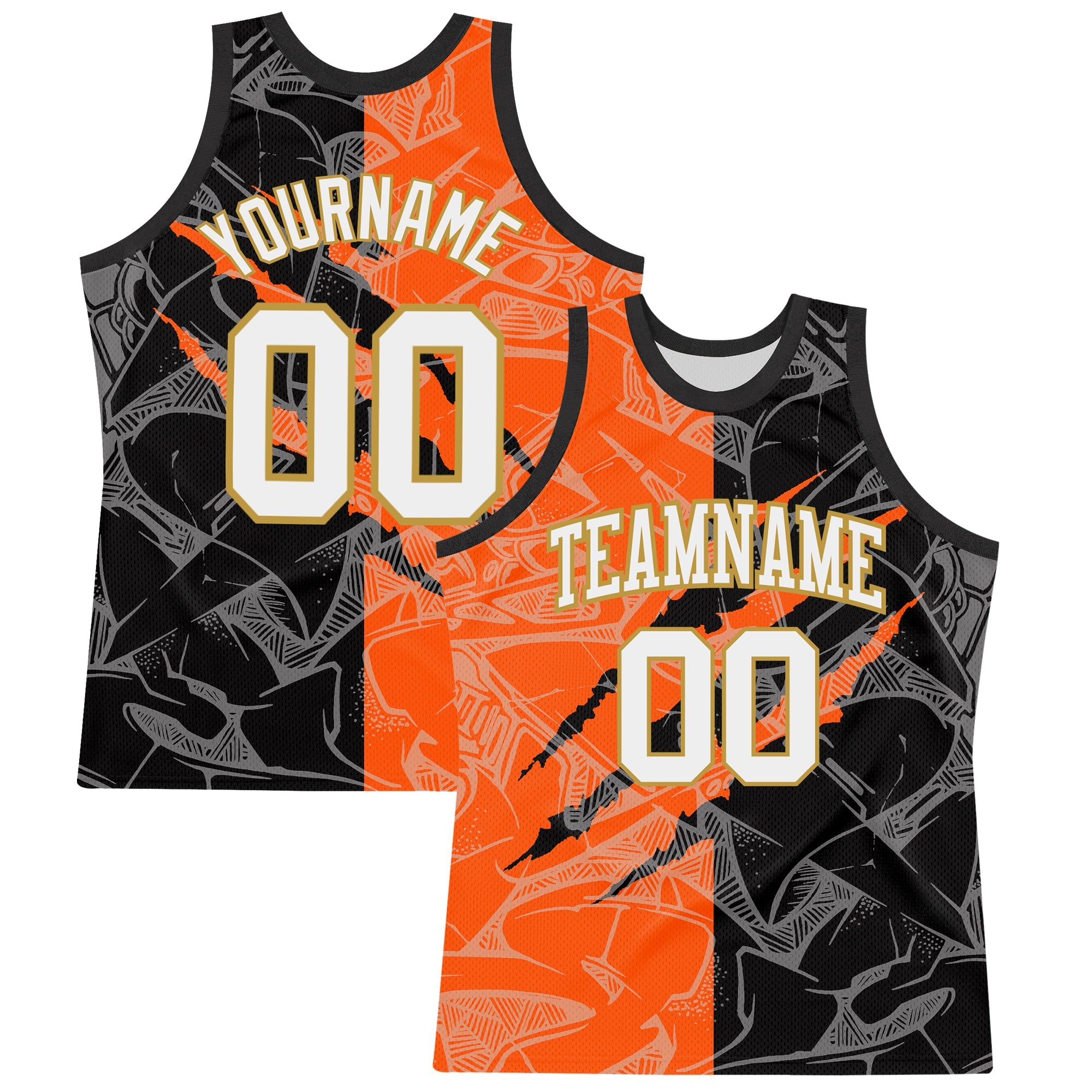 Custom Graffiti Pattern White Black Orange-Old Gold Scratch Round Neck Sublimation Basketball Suit Jersey