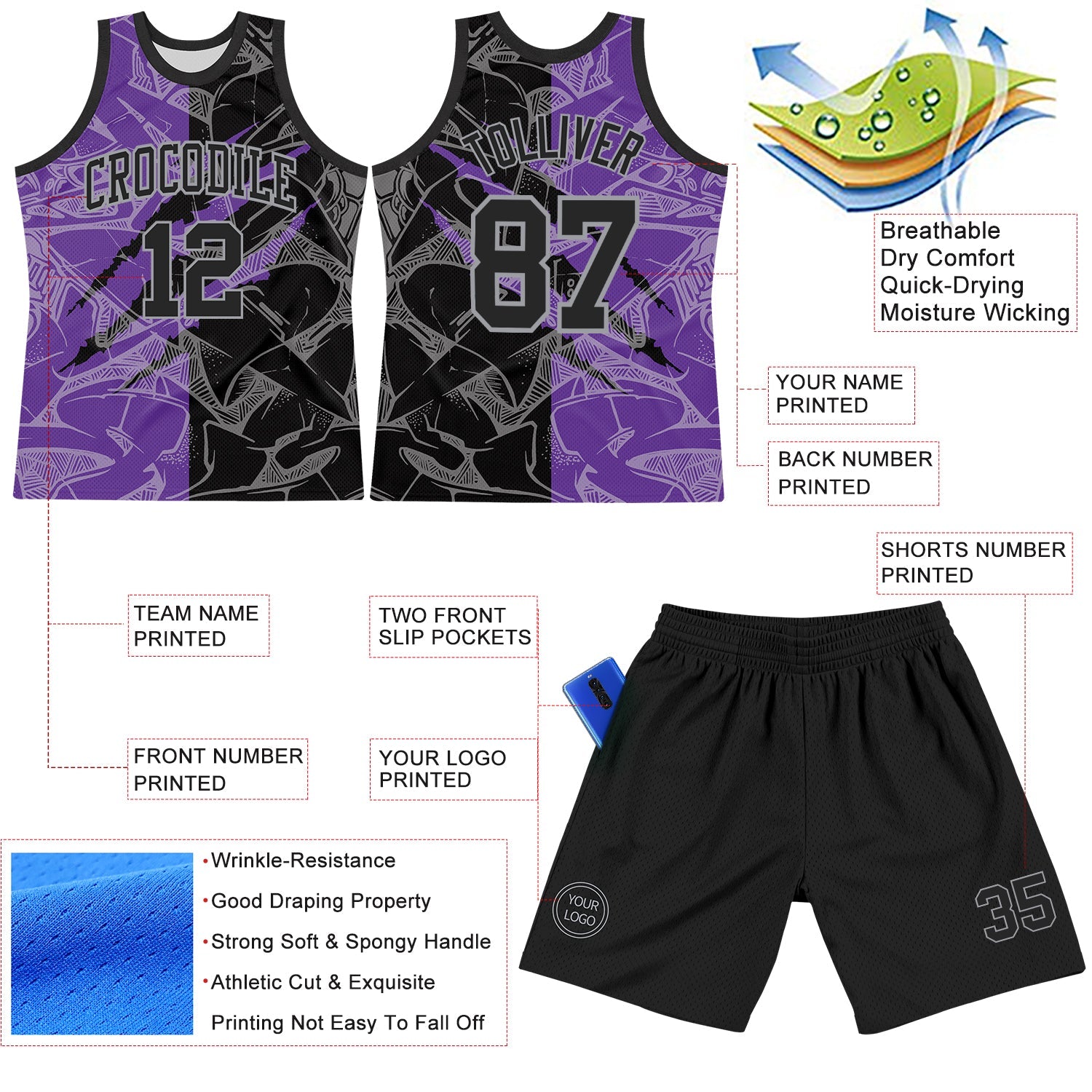 Custom Graffiti Pattern Black Purple-Gray Scratch Round Neck Sublimation Basketball Suit Jersey