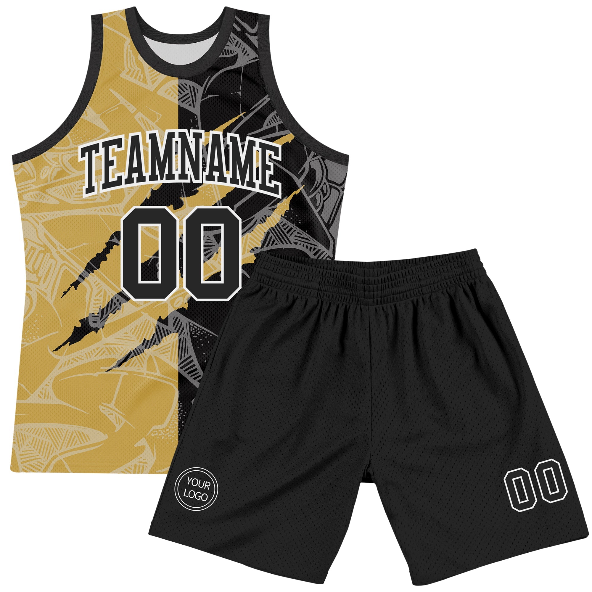 Custom Graffiti Pattern Black Old Gold-White Scratch Round Neck Sublimation Basketball Suit Jersey