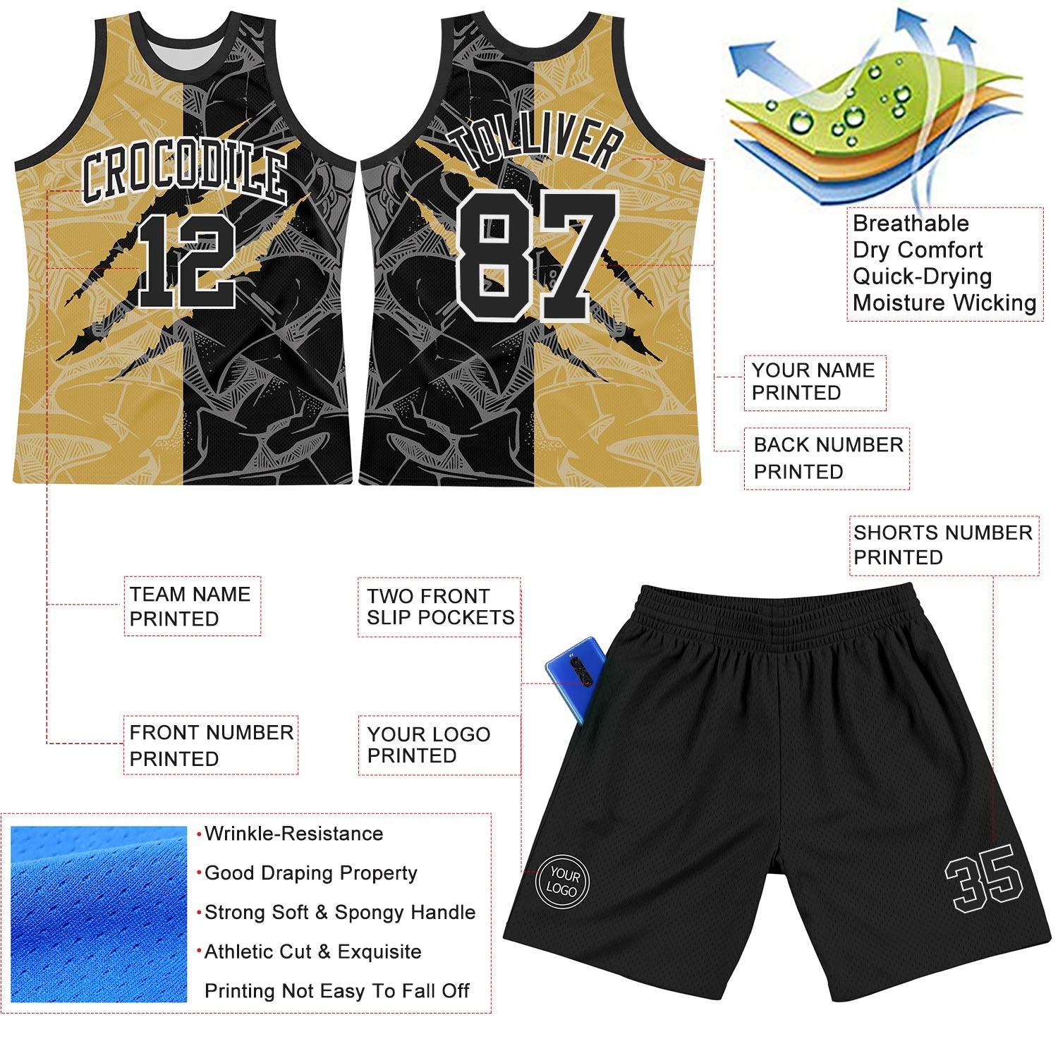 Custom Graffiti Pattern Black Old Gold-White Scratch Round Neck Sublimation Basketball Suit Jersey