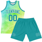 Custom Tie Dye Teal-White Round Neck Sublimation Basketball Suit Jersey