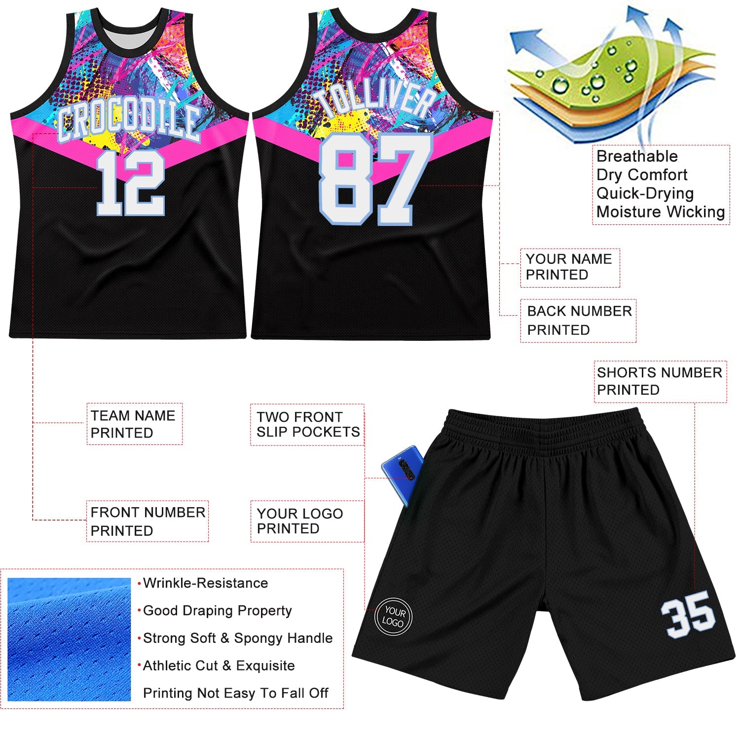 Custom Black White Pink-Light Blue Splash Round Neck Sublimation Basketball Suit Jersey